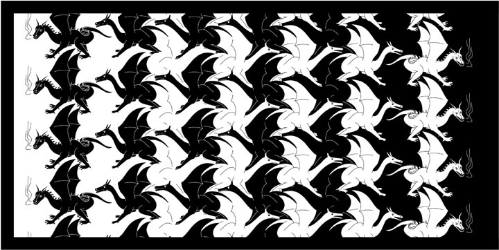 Digital art print of a tessellation that morphs from white dragons to black dragons.